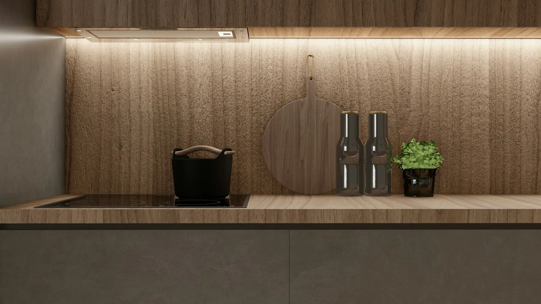 Houten keukenwand met verlichte nis en werkblad